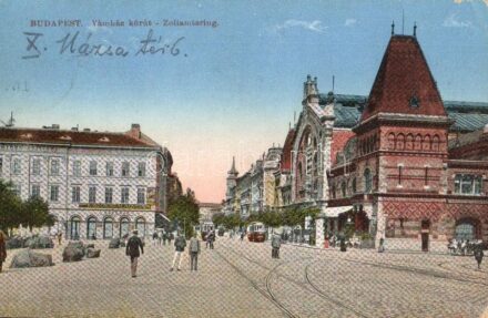 Budapest IX. Vámház körút, Vásárcsarnok, Nádor szálloda és kávéház, Koszorúszalag Nyomda, villamosok, piac