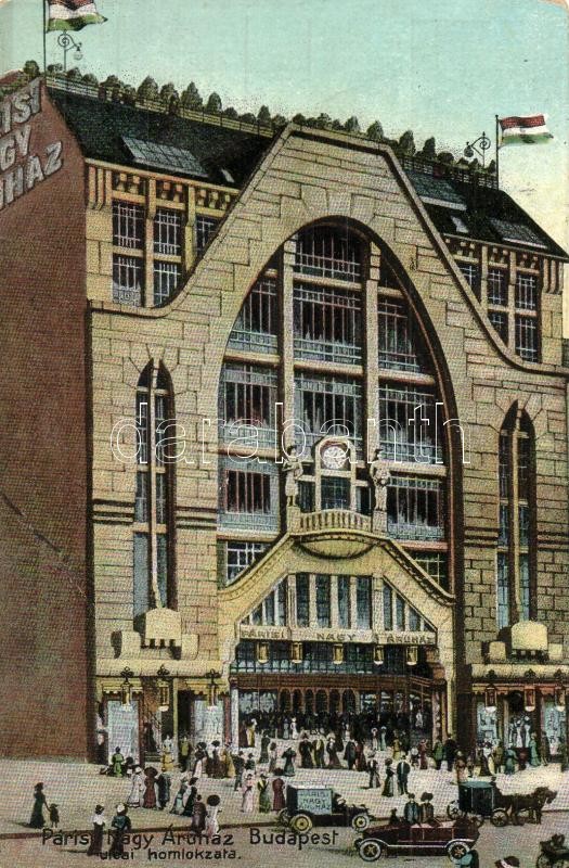 Budapest VI. Párisi Nagy Áruház utcai homlokzata, üzlet, automobilok (EB)