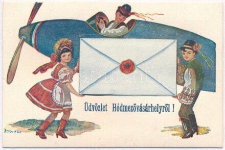 Hódmezővásárhely. Repülős népviseletes leporellolap / Folklore aircraft leporellocard s: Bernáth