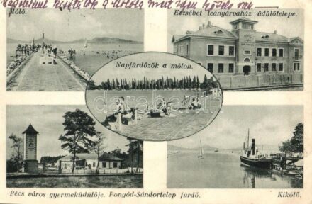 Fonyód-Sándortelep, fürdő, kikötő, napfürdőzők a mólón, Pécs város gyermeküdülője, Erzsébet leányárvaház üdülőtelepe (EK)