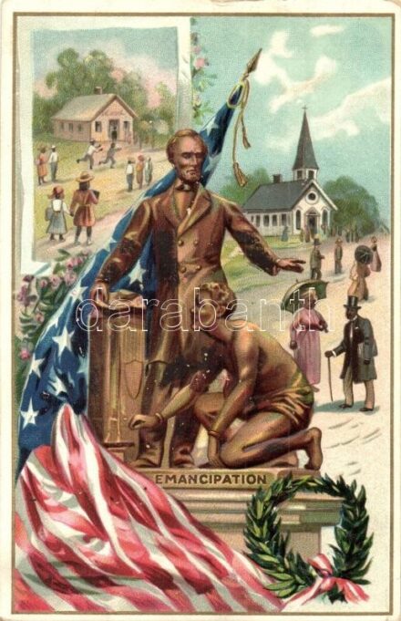 Emancipation with American flag. Raphael Tuck & Sons Postcard Series No. 155. Lincoln's Birthday, Emb. litho