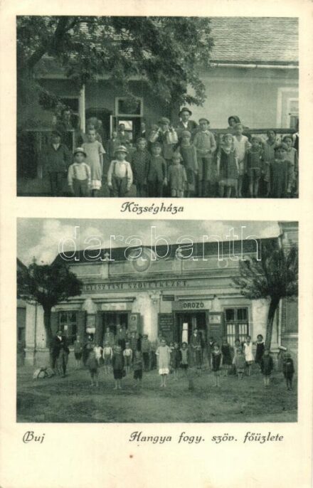 Buj, Községháza, gyerekek, Hangya Fogyasztási Szövetkezet üzlete és saját kiadása, borozó (EK) + 'M. KIR. POSTA'
