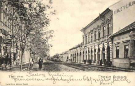 1905 Cegléd, Vasút utca, Nemzeti szálloda, Oroszváry László vendéglője, étterem, Biró Izidor üzlete, kávéház. Kiadja Sárik Gyula
