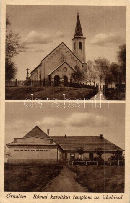Őrhalom, Római katolikus templom az iskolával. Foto Röckel + 1942 Őrhalom pü. pecsét (EK)