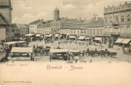 Brassó, Kronstadt, Brasov; Kornzeile / Búza sor, Ortodox templom, Szentpéteri, Servatius és Graef üzlete, Gyógyszertár, piaci árusok, vásár. Römmler & Jonas / Targul Graului / street view, Orthodox church, shops, pharmacy, market