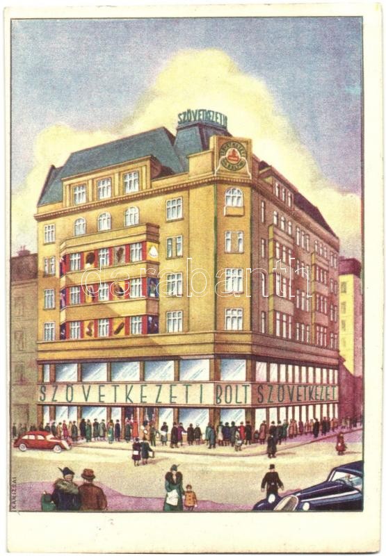 Budapest VII. Rákóczi út 36. Szövetkezeti bolt székháza a Rókussal szemben, üzlet, automobilok. Áruház megnyitási reklám s: Kanizsai + készpénzzel bérmentesítve (EK)
