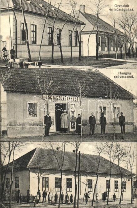 Jászfelsőszentgyörgy, Orvoslak és községháza, Római katolikus iskola, Hangya Szövetkezet üzlete (EK)