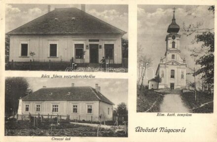 Nágocs, Római katolikus templom, Orvosi lak, Rácz János üzlete, kerékpár. Foto Falus (EK)