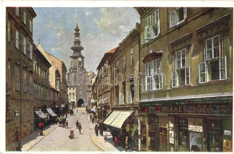 Pozsony, Pressburg, Bratislava; Mihály utca, Wimmer József fia üzlete. Művészlevelezőlap Hausner H. 7031/3. / Michaelergasse / street view, shops (EK)