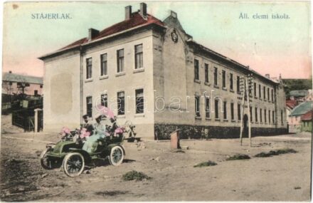 Stájerlak, Steierdorf (Anina); Állami elemi iskola, autós montázs. Scheitzner kiadása / school, automobile, montage