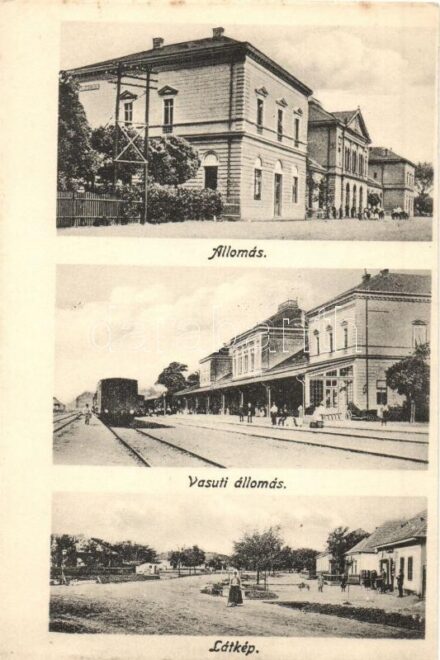 Füzesabony, Vasútállomás, vonat szerelvények, utcakép, üzlet. Baross nyomda (fl)