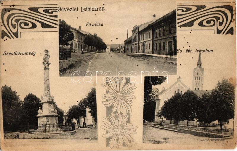 1908 Leibic, Leibitz, Lubica; Fő utca, Szentháromság szobor, Református templom. Millán József kiadása / main street, Trinity statue, Calvinist church. Art Nouveau (EK)