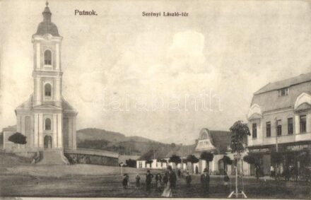 Putnok, Serényi László tér, Jordán Lajos, Guttman Éliás üzlete, ecetgyár, templom. Kiadja Kovács Antal (fl)