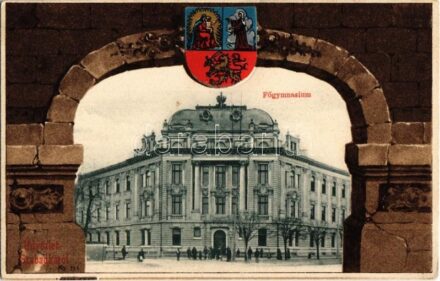 Szabadka, Subotica; Főgimnázium. Szecessziós litho keret címerrel. Kiadja Heumann Mór / grammar school. Art Nouveau litho frame with coat of arms