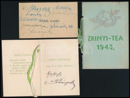 1943 Zrínyi tea táncrend + Zrinyi fohászt tartalmazó kis nyomtatvány a résztvevők aláírásával