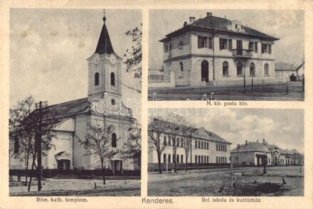 Kenderes, Római katolikus templom, Református iskola és kultúrház, utcai benzintöltő állomás, M. kir. posta hivatal (EK)