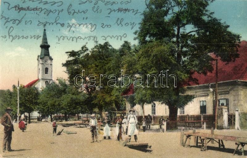Dombóvár, Fő tér, piac, Római katolikus templom + 1917 Dombóvár pályaudvar pecsét