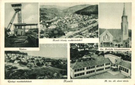 Komló, Új akna, iparvasút, látkép madártávlatból, vasútállomás, vagonok, Szent Borbála bányásztemplom, Újtelepi munkáslakások, M. kir. állami elemi iskola. Nemesi József festő és fényképész felvétele