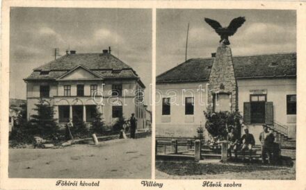 Villány, Főbírói hivatal, Hősök szobra, emlékmű, Bartonicsek Károly korcsmáros üzlete. Kiadja Krámer Jenő (EK)