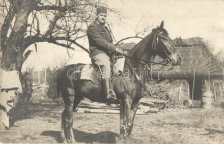 1916 Osztrák-magyar lovas katona felderítés közben egy faluban / WWI Austro-Hungarian K.u.K. military, cavalryman during reconnaissance in a village. photo + K.u.K. 31. Inf. Trupp. Dion. Platzkommando Tábori Postahivatal 90. (EK)