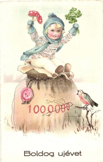 Boldog Újévet! / New Year greeting card with child, clovers, mushrooms, money bag (EK)