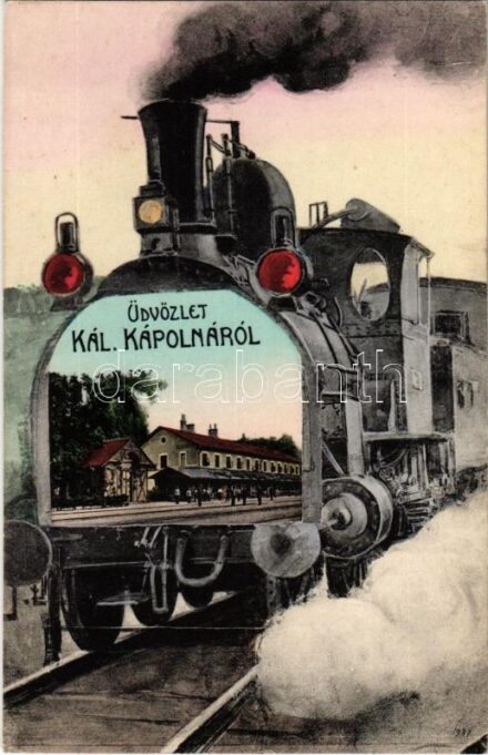 Kál, Kál-Kápolna vasútállomás, gőzmozdonyos montázslap / Bahnhof / locomotive montage postcard with railway station
