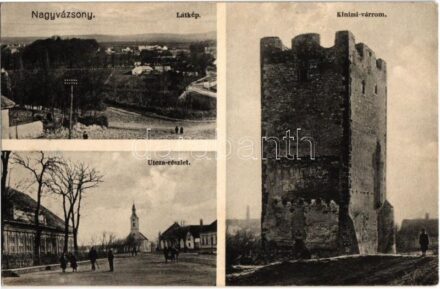 Nagyvázsony, látkép, utcakép Római katolikus templommal, Kinizsi várrom