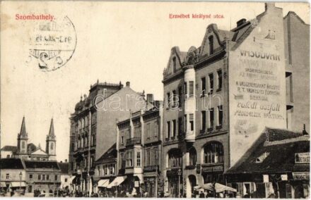 1913 Szombathely, Erzsébet királyné utca, Kardos Jakab vaskereskedésének reklámja egy házfalon, Pollak Henrik, Kardos Jakab, Schuster Gyula üzlete, Marton csipkeáruháza, Szombathelyi Fogyasztási Szövetkezet (EK)