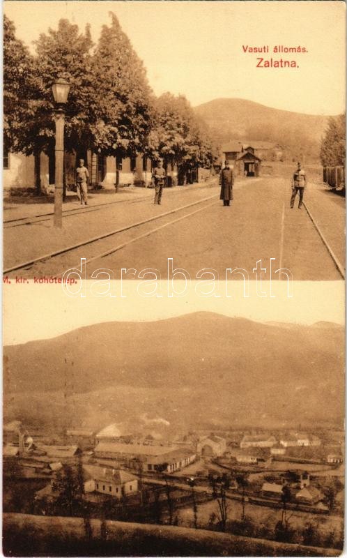 Zalatna, Zlatna; Vasútállomás, vasutasok, M. kir. kohótelep / Bahnhof / railway station, railwaymen, metallurgical plant