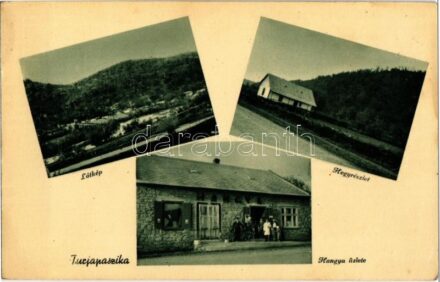 Turjavágás, Turjapaszika, Turja Paszeka, Turia Pasika; látkép, hegy, Hangya Szövetkezet üzlete, férfi kerékpárral. Kárpátaljai Hangya Szövetkezet kiadása / general view, mountain, cooperative shop, man with bicycle