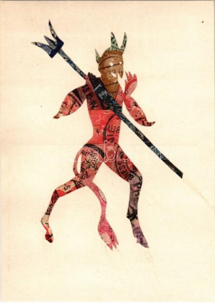 Krampusz. Bélyegekből kivágott és összeragasztott képeslap. Budai nyomda / Krampus. Made out of stamps