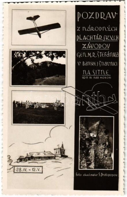 1935 Selmecbánya, Schemnitz, Banská Stiavnica; Nemzetközi Repülőnap, Stefánik pilóta versenyző, Szitnya hegy / Pozdrav z národnych Plachtárskych Závodor Gen. M. R. Stefánika, Sitno / National Air Show with pilot and aircrafts. Foto S.