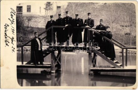 1901 Osztrák-magyar főtisztek sétapálcával Pljevljaban egy kis fahídon / Austro-Hungarian K.u.K. military officers with walking sticks posing on a wooden bridge in Pljevlja (Montenegro). photo