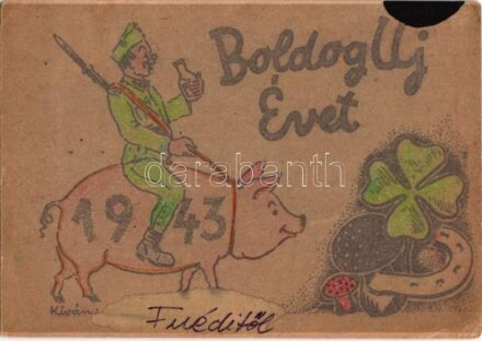 1943 Boldog Újévet! Tábori Postai Levelezőlap. Magyarország jövő békessége és felvirágzása a szovjetoroszországi harcmezőkön dől el / WWII Hungarian military New Year greeting art postcard (EK)
