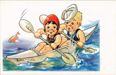 4 db régi olasz művészlap, gyerekek a strandon / 4 pre-1945 Italian art postcard, children on the beach. Cecami Nr. 1031. s: M. M.