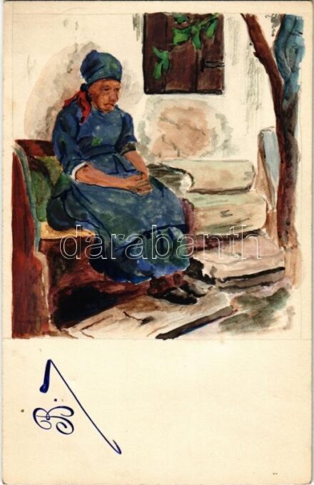 Old lady. Hand-painted art postcard. Verlag 'Orient Mill'