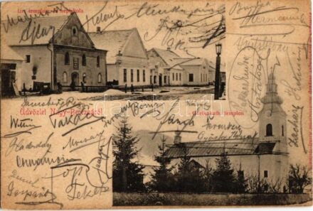 Nagyberezna, Velykyi Bereznyi, Velky Berezny; Görögkatolikus templom, Izraelita templom és népiskola, zsinagóga. Friedman és Grünberger kiadása / church, synagogue, school (gyűrődések / creases)