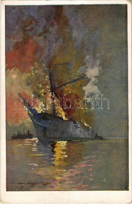 Osztrák-Magyar Haditengerészet flottája egy olasz csatahajó megsemmisítése közben / Vernichtung des größten italienischen Motorseglers durch eine österr. Flottille im Dezember 1915. K.u.K. Kriegsmarine. Offizielle Postkarte des