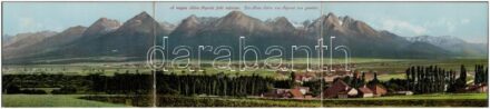 Tátra, Tatry; Látkép a Poprád felől. Három részes kihajtható panorámalap, Cattarino S. kiadása / 3-tiled folding panoramacard (hajtásnál szakadt / torn at fold)