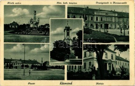 1939 Körmend, Hősök szobra, emlékmű, Római katolikus templom, Országzászló, Hotel Korona szálloda és étterem, Piac tér, Kórház