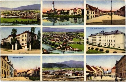 1916 Knittelfeld, Totale, Partie am Teich, Hauptplatz, Krankenhaus, Bahnhof, K. k. Staatsrealschule, Sekkauerstrasse, Herrengasse, Staatsbahn-Werkstätte. Verlag Franz Knollmüller / general view, main square, hospital, railway station, streets,