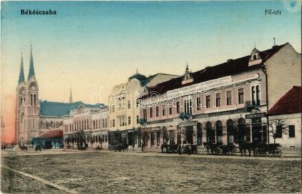 1913 Békéscsaba, Fő tér, Gesmey Soma könyv- és papírkereskedése, Békés megyei Függetlenség könyvnyomdája, kiadóhivatala és szerkesztősége, Polgári leányiskola, Ipar és Népbank Békés megyei fiókintézete, Békés Gy. udvari
