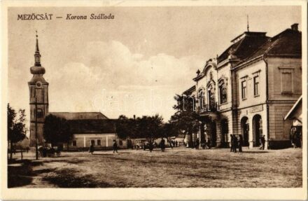 1935 Mezőcsát, Korona szálloda, Református templom, automobil. Kiadja Kerékgyártó István