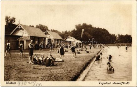 1930 Miskolc, Tapolcai strandfürdő, fürdőzők, napozók. Móriczné N. Lenke felvétele + Miskolcgörömbölyi Tapolca pü. pecsét