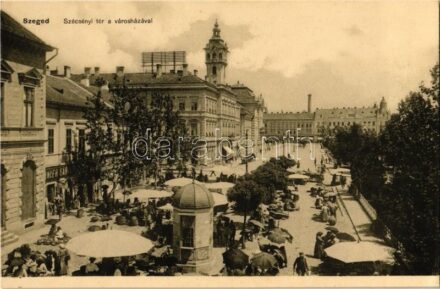 Szeged, Széchenyi tér, Városháza, piaci árusok, üzletek