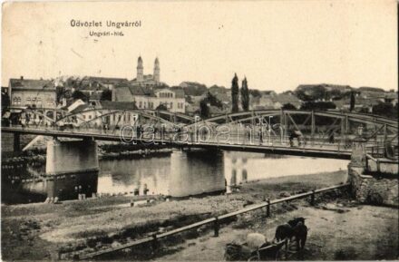 Ungvár, Uzshorod, Uzhorod; látkép az Ung folyóval és híddal, az Ung jobb partja még zsinagóga nélkül (miután az 1907-es ungvári tűzvészben leégett a korábbi zsinagóga, ide építették az újat). Kiadja Steinfeld Dezső / Uzh