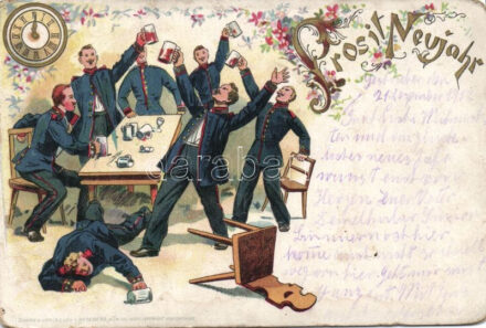 Prosit Neujahr / German military New Year greeting art postcard with drunk soldiers. floral litho L. Keseberg (worn corners)