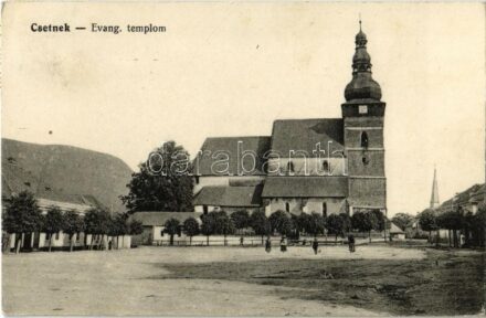 Csetnek, Stítnik; Evangélikus templom, tér. Beráts Gusztáv kiadása / church, square