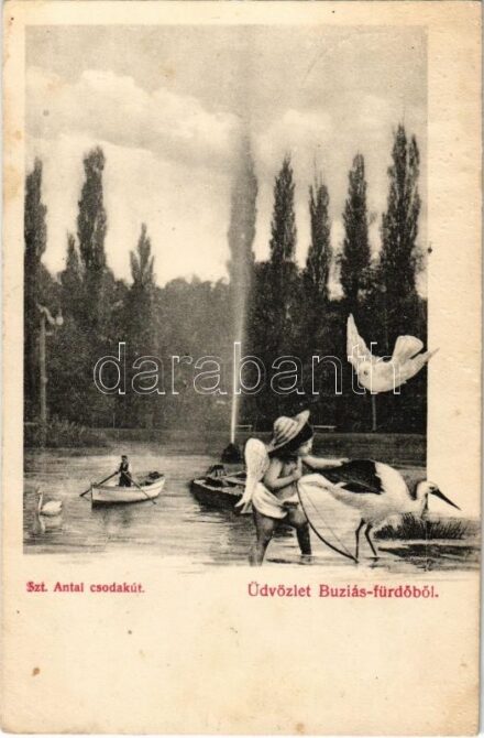 1907 Buziásfürdő, Baia Buzias; Szent Antal csodakút, montázs Kupidóval és gólyákkal. Nosek Gusztáv kiadása / lake and wonder well, montage with Cupid and storks
