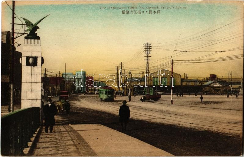 Yokohama, View of Sakuragicho Railway Station from Ohyebashi Bridge, tram, automobile